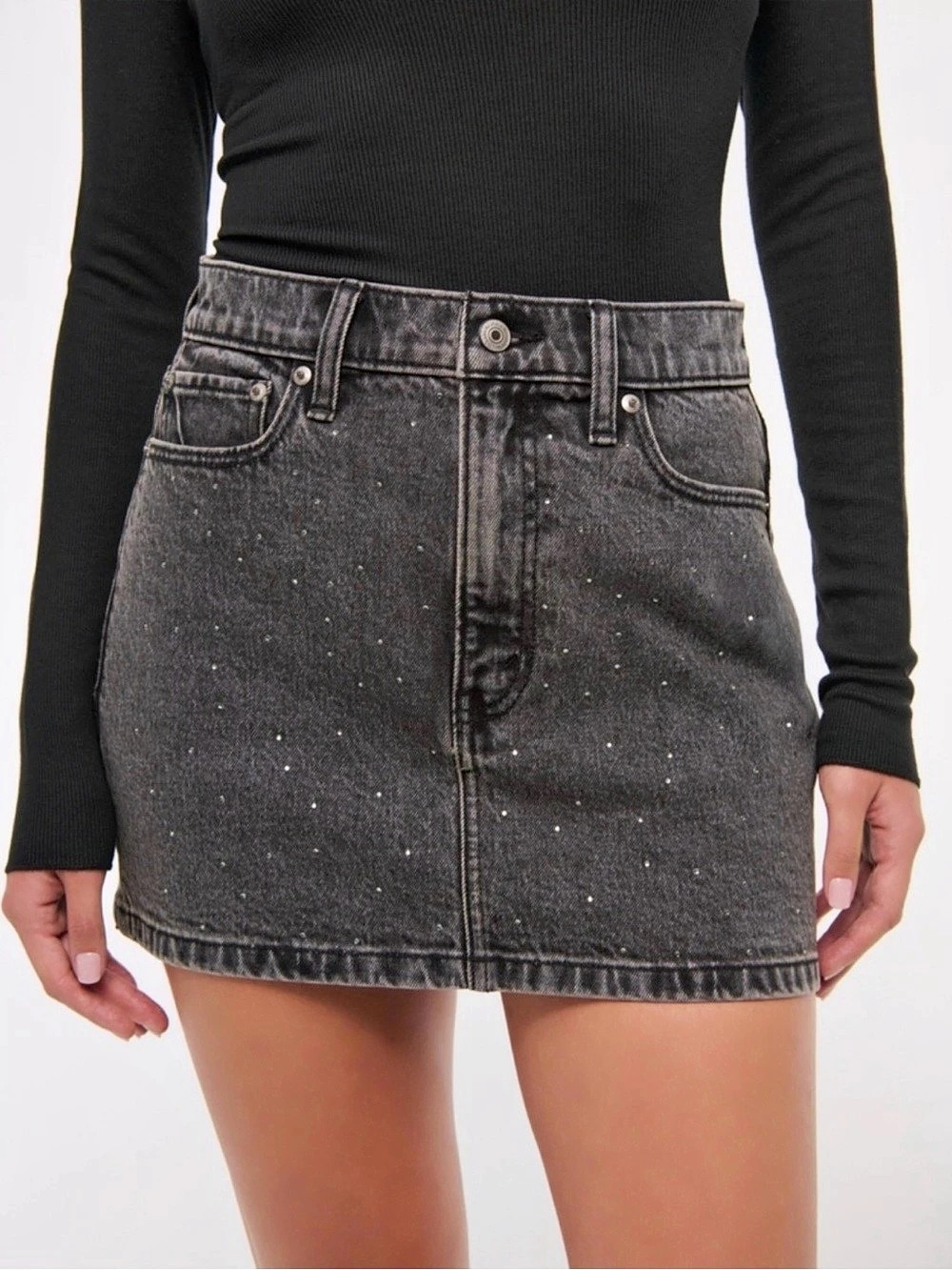 Abercrombie & Fitch Rhinestone Embellished Black Washed Denim Mini Skirt